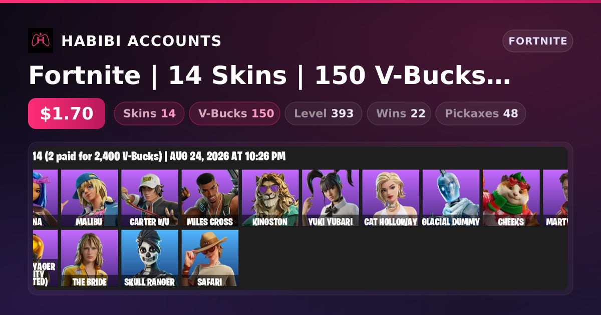 Fortnite | 14 Skins | 150 V-Bucks | Level 393 | 22 Wins — HabibiAccounts
