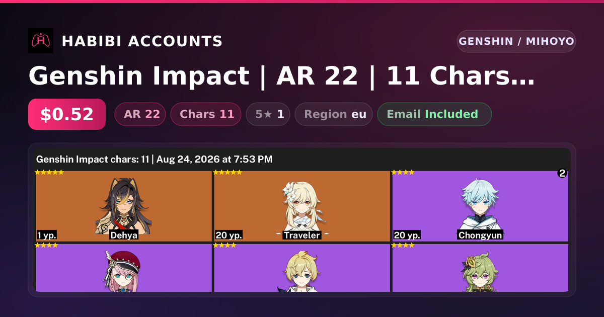 Genshin Impact | AR 22 | 11 Chars | 1× 5★ — HabibiAccounts
