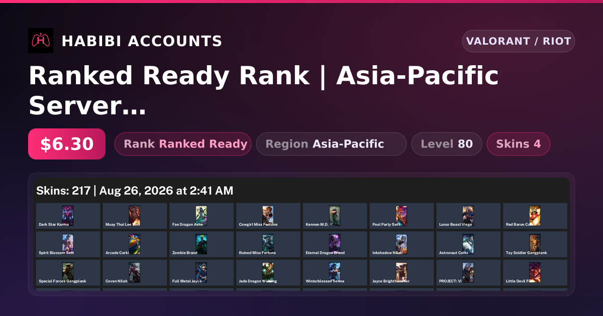 Ranked Ready Rank | Asia-Pacific Server | 4 Skins | Level 80 — HabibiAccounts