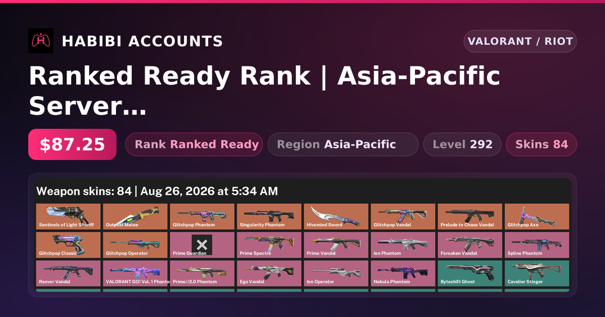 Ranked Ready Rank | Asia-Pacific Server | 84 Skins | 3 Knives | Level 292 — HabibiAccounts