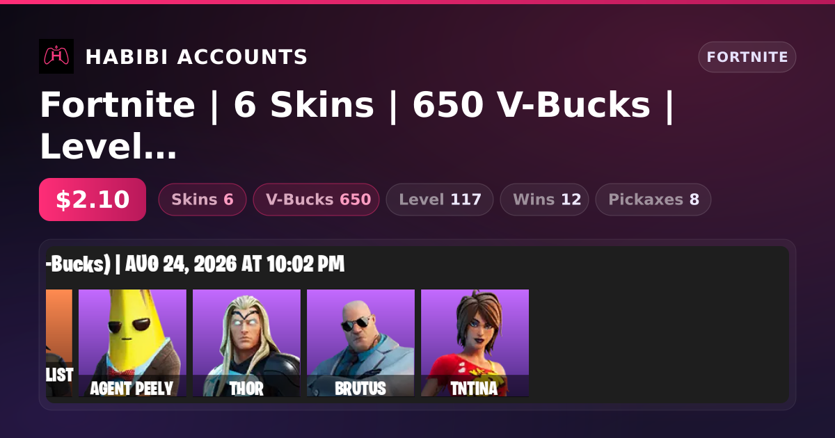 Fortnite | 6 Skins | 650 V-Bucks | Level 117 | 12 Wins — HabibiAccounts