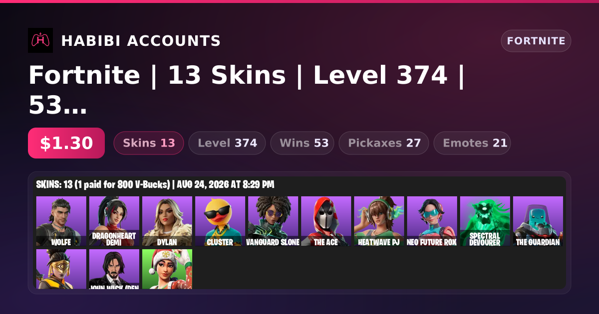 Fortnite | 13 Skins | Level 374 | 53 Wins — HabibiAccounts