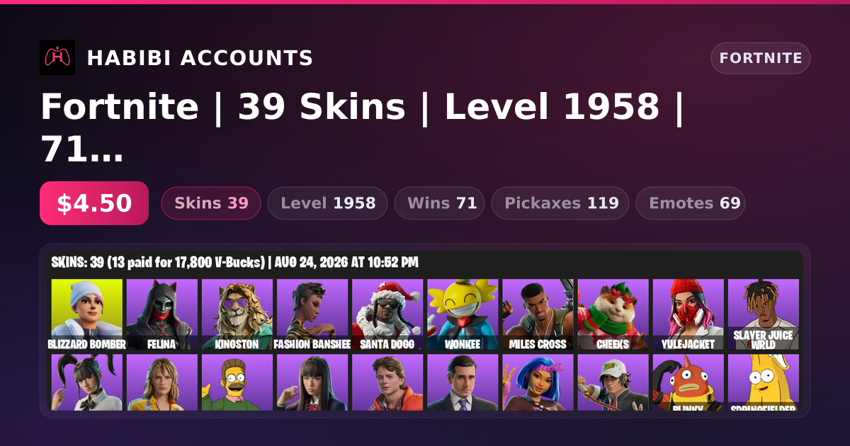 Fortnite | 39 Skins | Level 1958 | 71 Wins — HabibiAccounts