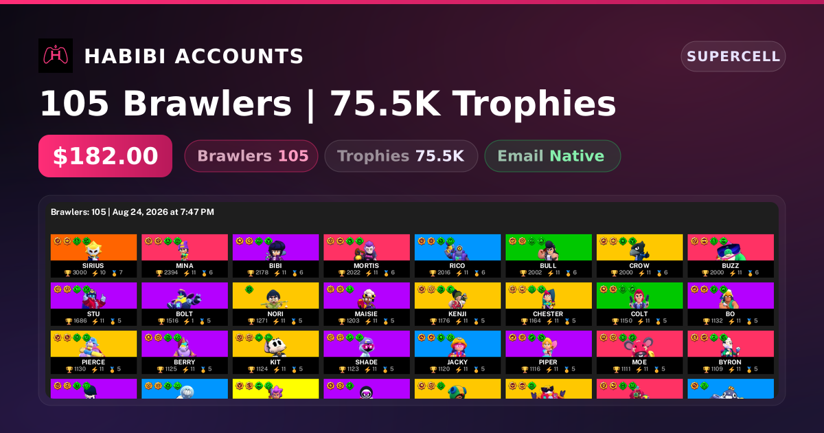 105 Brawlers | 75.5K Trophies — HabibiAccounts