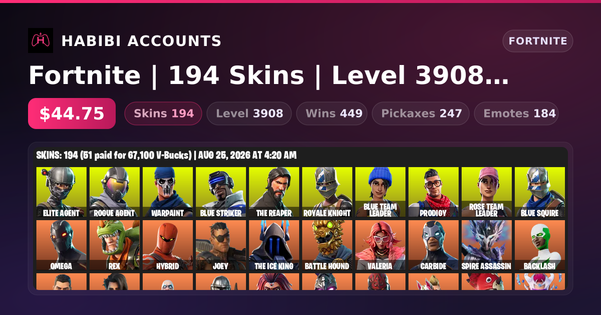 Fortnite | 194 Skins | Level 3908 | 449 Wins — HabibiAccounts