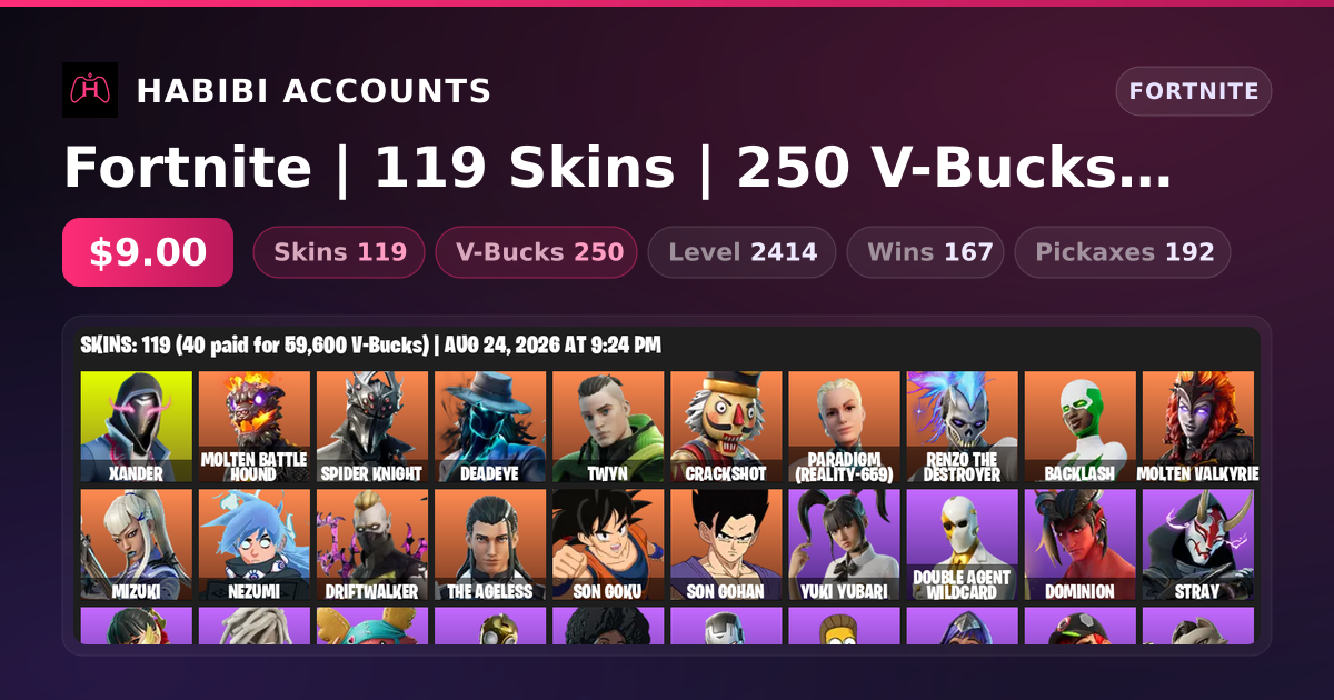 Fortnite | 119 Skins | 250 V-Bucks | Level 2414 | 167 Wins — HabibiAccounts