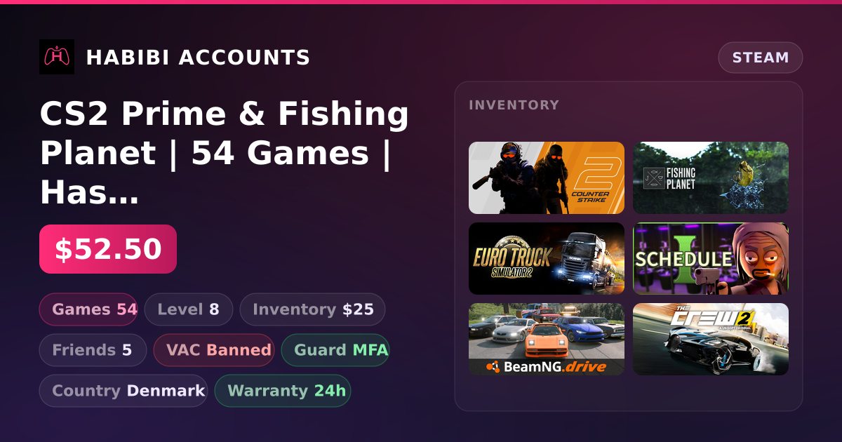 CS2 Prime & Fishing Planet | 54 Games | Has VAC