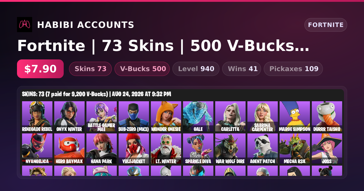 Fortnite | 73 Skins | 500 V-Bucks | Level 940 | 41 Wins — HabibiAccounts