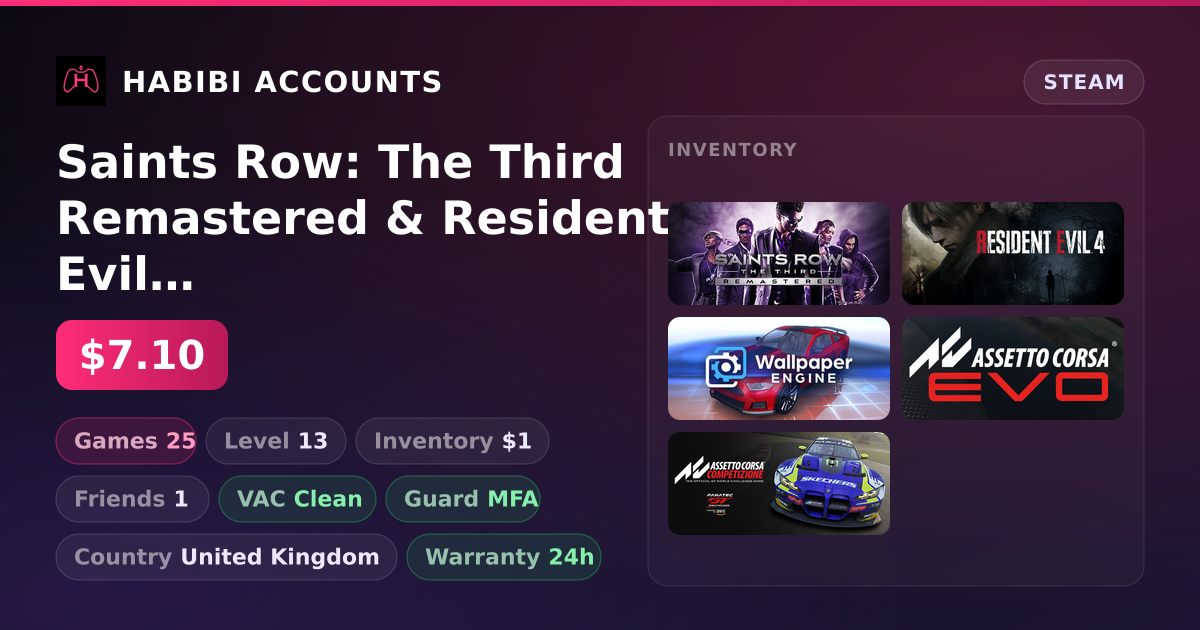 Saints Row: The Third Remastered & Resident Evil 4 | Level 13 | 25 Games | Clean — HabibiAccounts