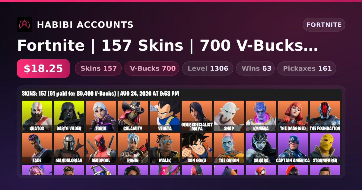 Fortnite | 157 Skins | 700 V-Bucks | Level 1306 | 63 Wins — HabibiAccounts