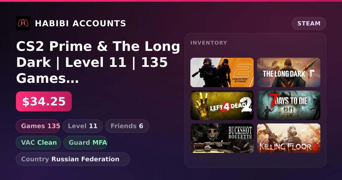 CS2 Prime & The Long Dark | Level 11 | 135 Games | Clean