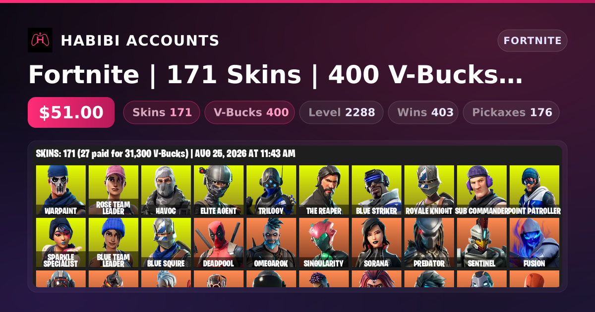 Fortnite | 171 Skins | 400 V-Bucks | Level 2288 | 403 Wins — HabibiAccounts