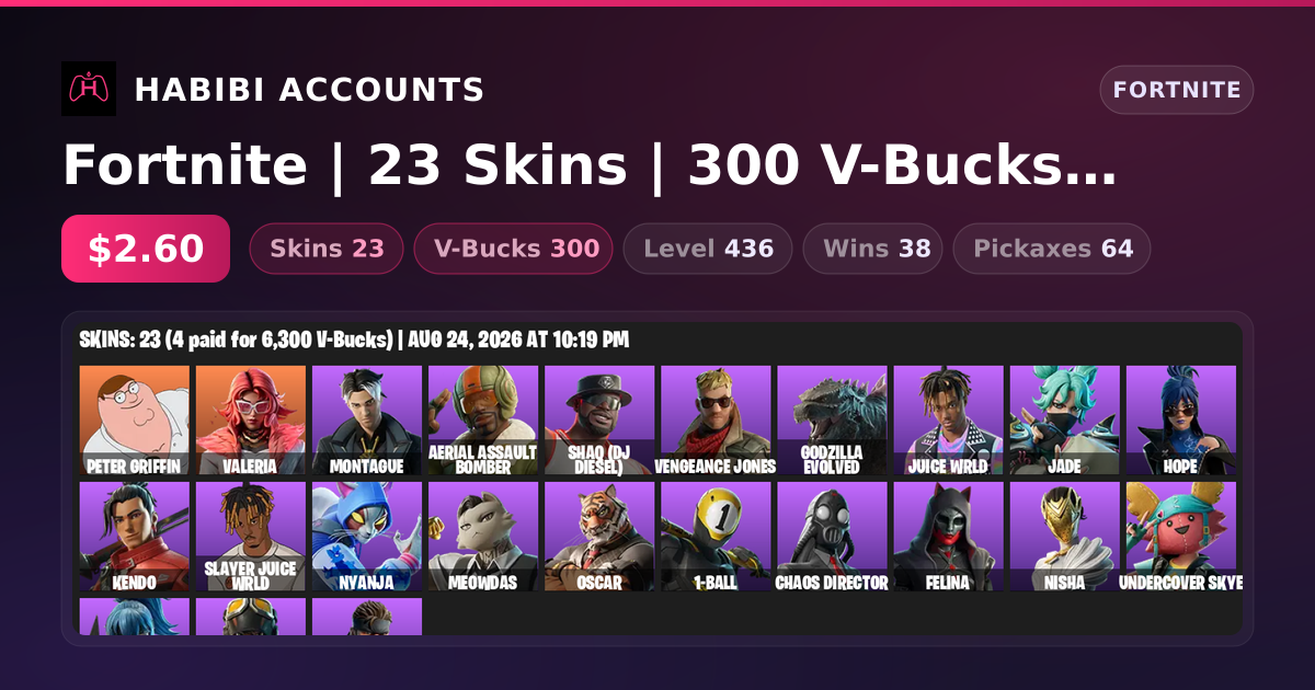 Fortnite | 23 Skins | 300 V-Bucks | Level 436 | 38 Wins — HabibiAccounts