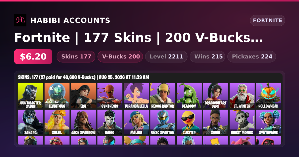 Fortnite | 177 Skins | 200 V-Bucks | Level 2211 | 215 Wins — HabibiAccounts