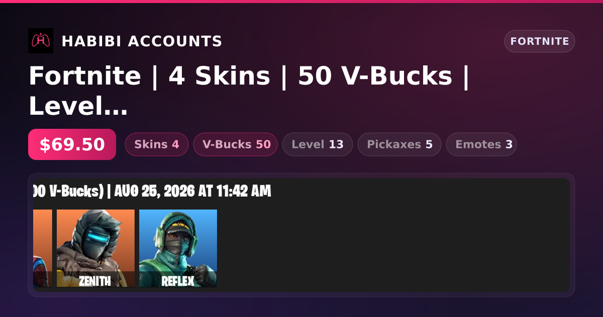Fortnite | 4 Skins | 50 V-Bucks | Level 13 — HabibiAccounts