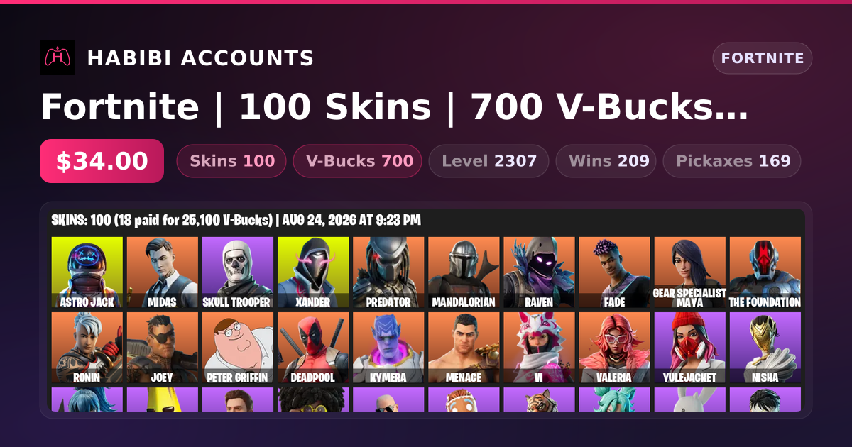 Fortnite | 100 Skins | 700 V-Bucks | Level 2307 | 209 Wins — HabibiAccounts