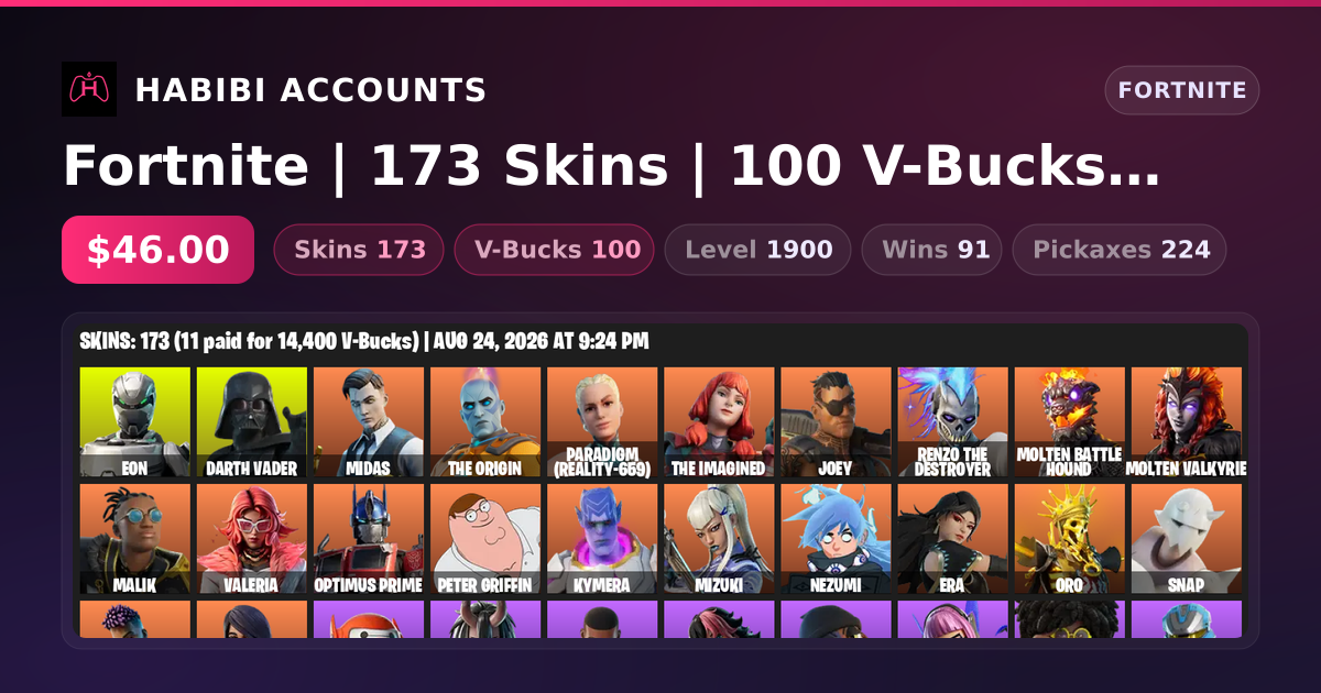 Fortnite | 173 Skins | 100 V-Bucks | Level 1900 | 91 Wins — HabibiAccounts