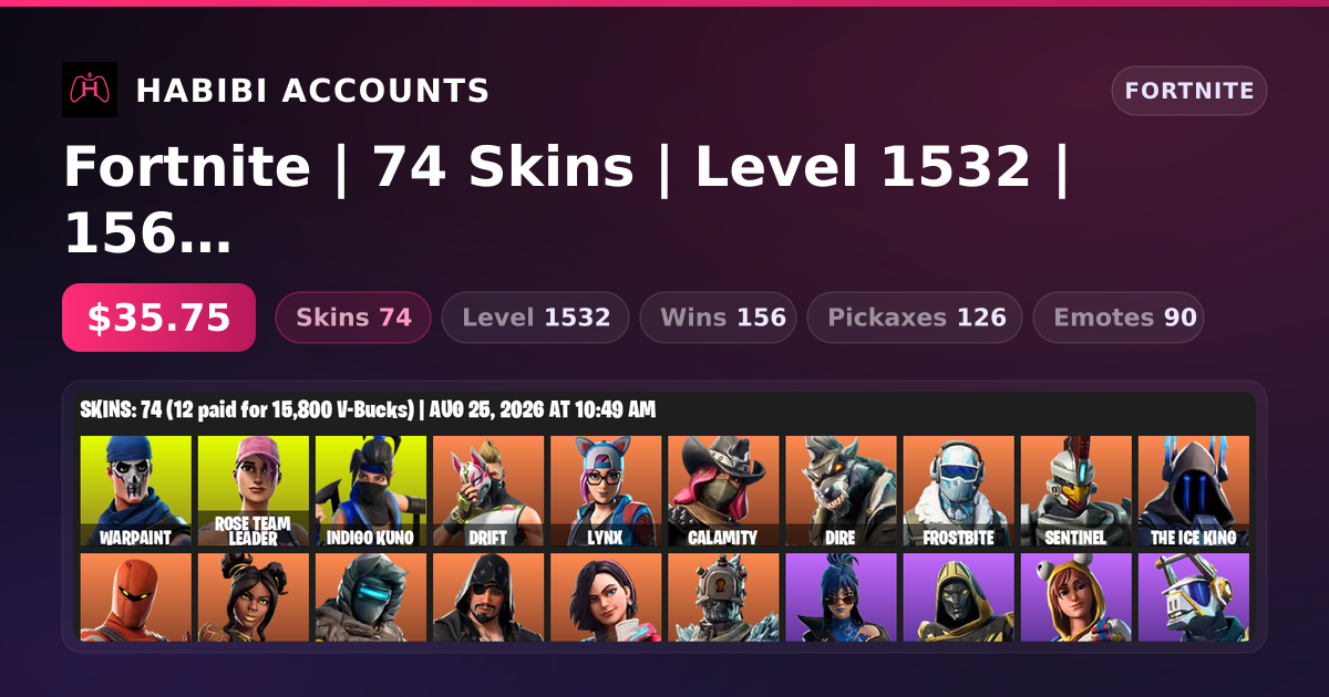 Fortnite | 74 Skins | Level 1532 | 156 Wins — HabibiAccounts
