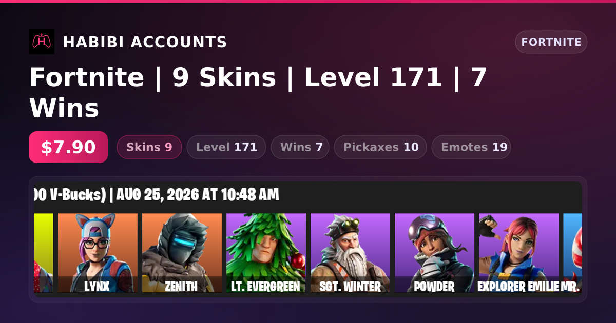 Fortnite | 9 Skins | Level 171 | 7 Wins — HabibiAccounts