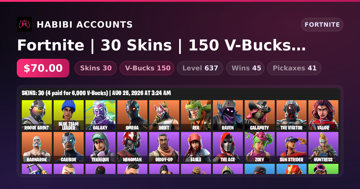 Fortnite | 30 Skins | 150 V-Bucks | Level 637 | 45 Wins — HabibiAccounts