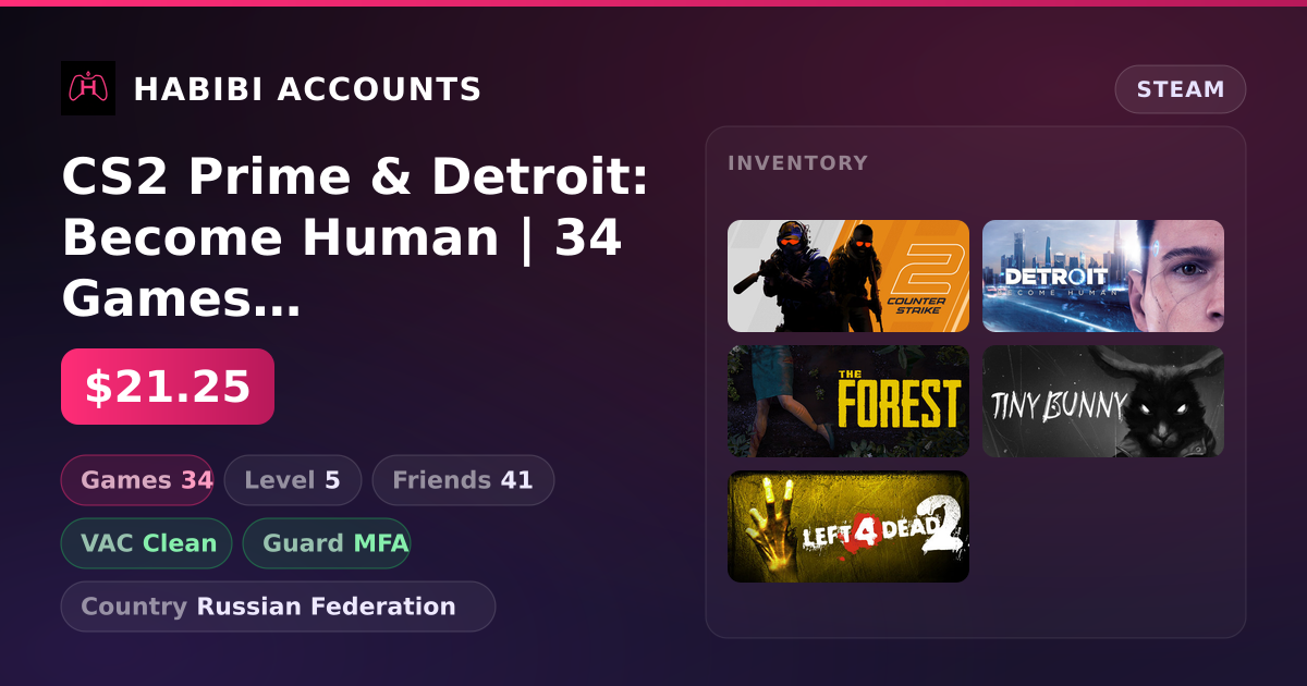 CS2 Prime & Detroit: Become Human | 34 Games | Clean — HabibiAccounts