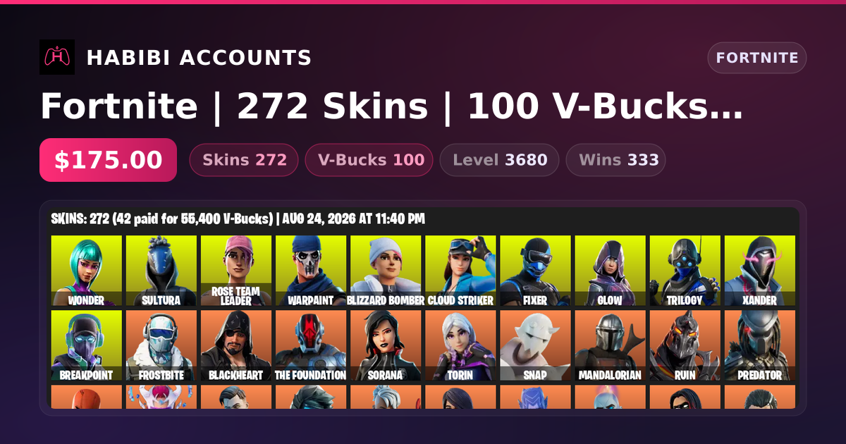Fortnite | 272 Skins | 100 V-Bucks | Level 3680 | 333 Wins — HabibiAccounts