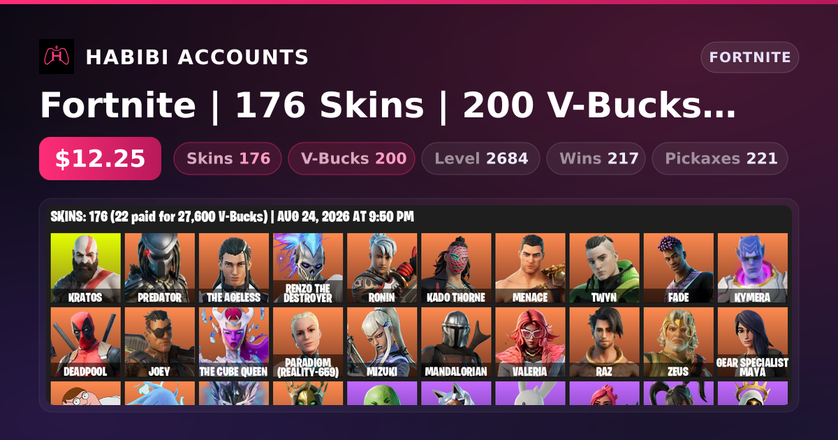Fortnite | 176 Skins | 200 V-Bucks | Level 2684 | 217 Wins — HabibiAccounts