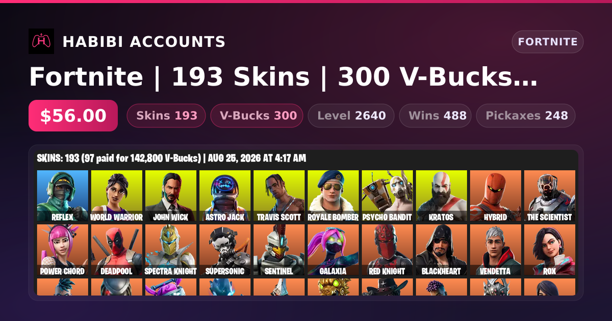 Fortnite | 193 Skins | 300 V-Bucks | Level 2640 | 488 Wins — HabibiAccounts