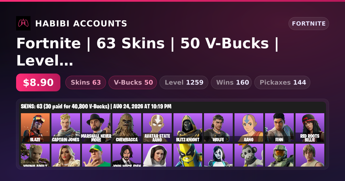 Fortnite | 63 Skins | 50 V-Bucks | Level 1259 | 160 Wins — HabibiAccounts