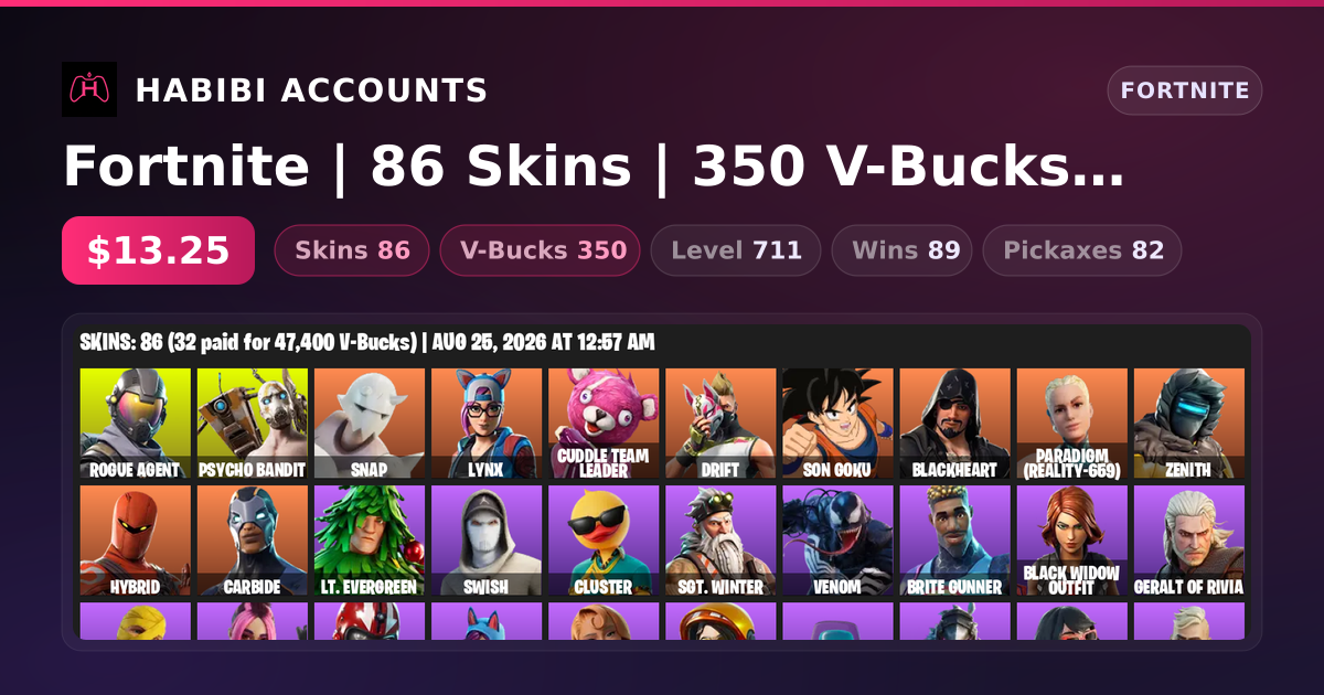 Fortnite | 86 Skins | 350 V-Bucks | Level 711 | 89 Wins — HabibiAccounts