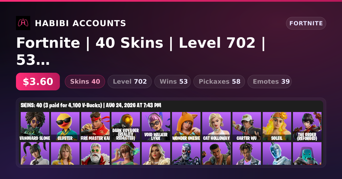 Fortnite | 40 Skins | Level 702 | 53 Wins — HabibiAccounts