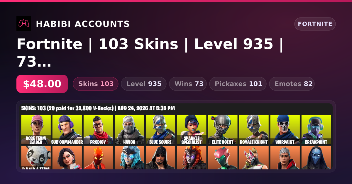Fortnite | 103 Skins | Level 935 | 73 Wins — HabibiAccounts