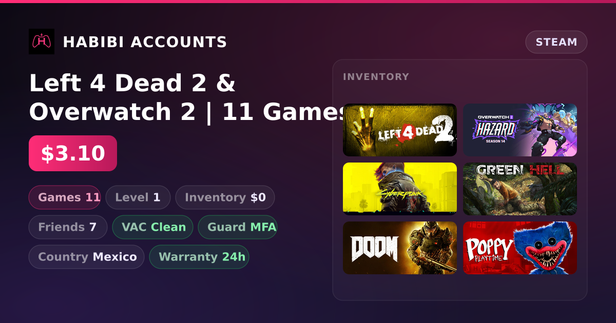 Left 4 Dead 2 & Overwatch 2 | 11 Games | Clean — HabibiAccounts