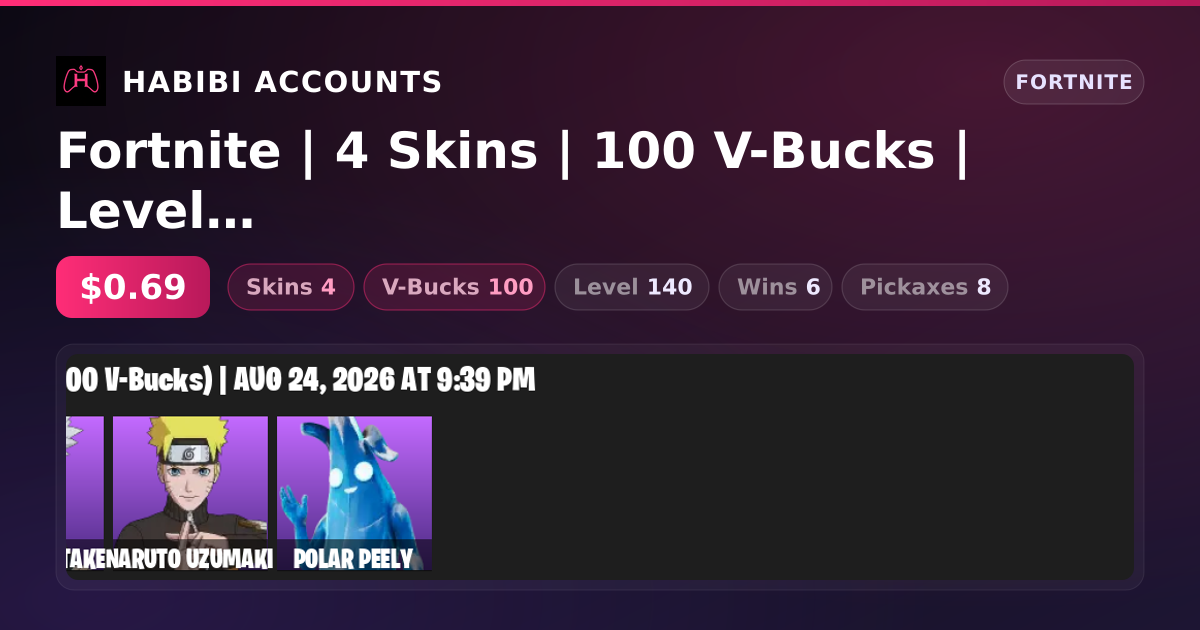 Fortnite | 4 Skins | 100 V-Bucks | Level 140 | 6 Wins — HabibiAccounts