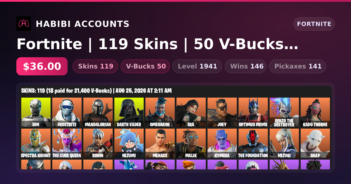 Fortnite | 119 Skins | 50 V-Bucks | Level 1941 | 146 Wins