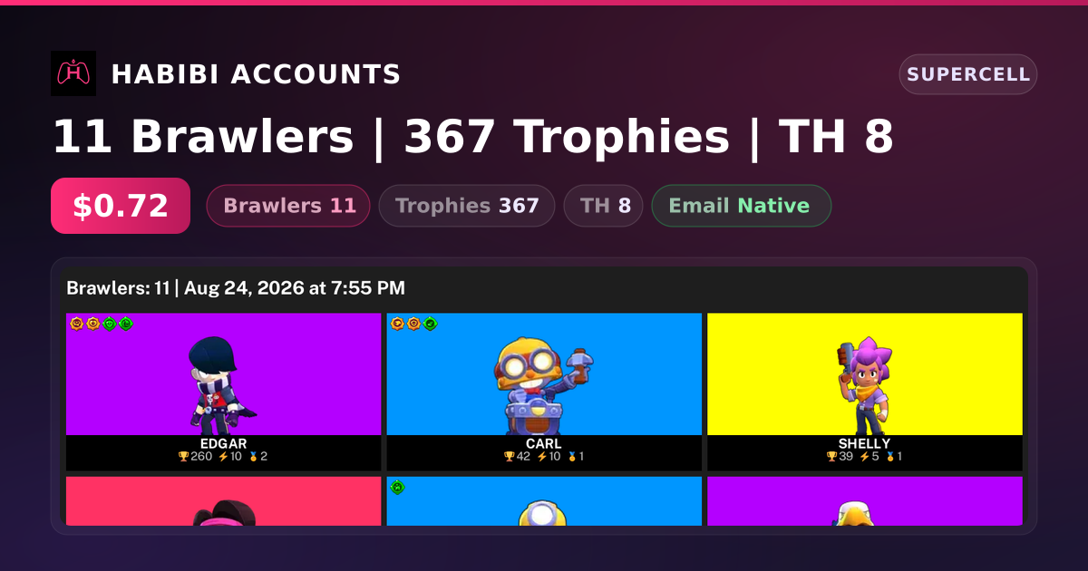 11 Brawlers | 367 Trophies | TH 8 — HabibiAccounts