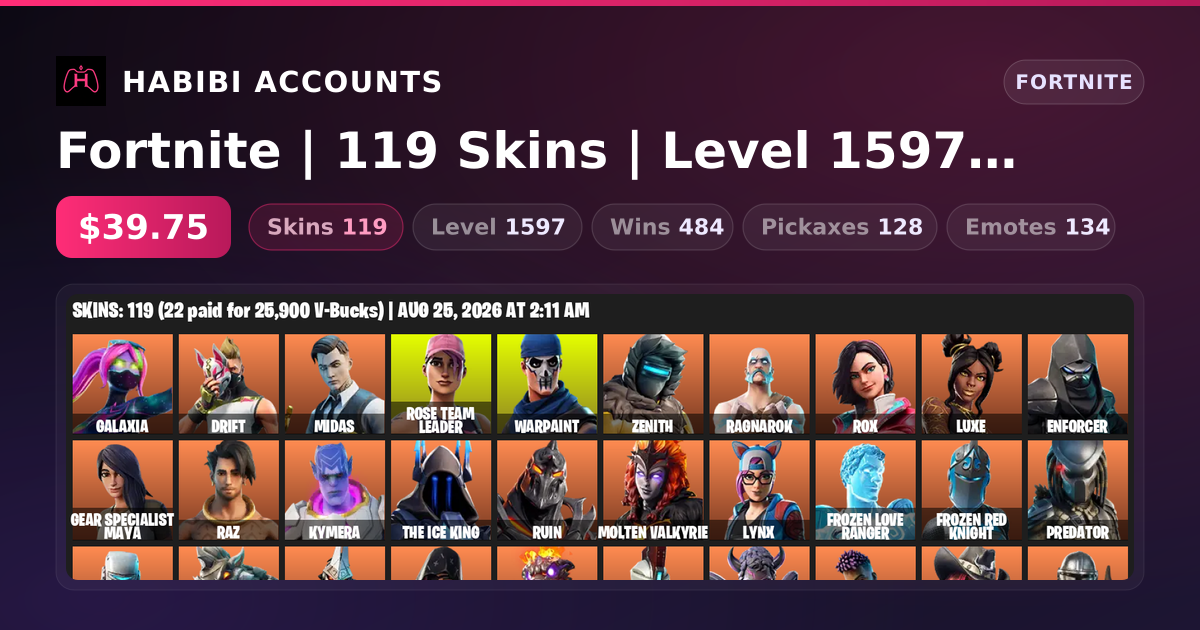 Fortnite | 119 Skins | Level 1597 | 484 Wins