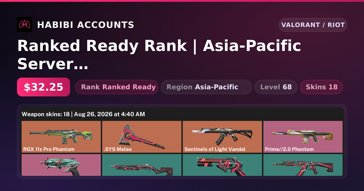Ranked Ready Rank | Asia-Pacific Server | 18 Skins | 1 Knives | Level 68 — HabibiAccounts