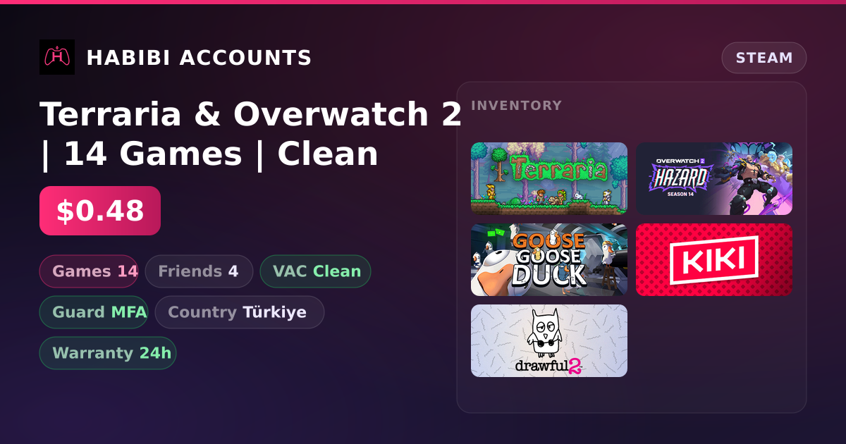 Terraria & Overwatch 2 | 14 Games | Clean — HabibiAccounts
