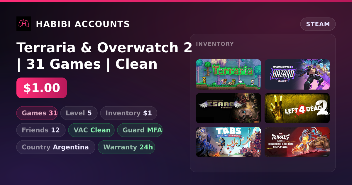 Terraria & Overwatch 2 | 31 Games | Clean — HabibiAccounts