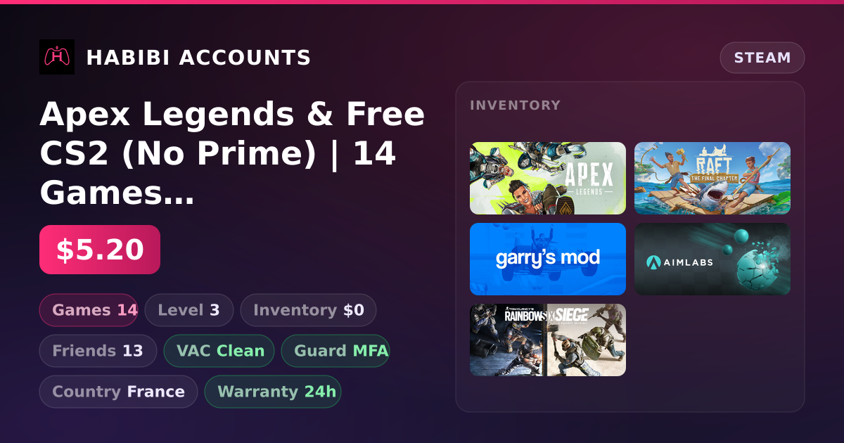 Apex Legends & Free CS2 (No Prime) | 14 Games | Clean — HabibiAccounts