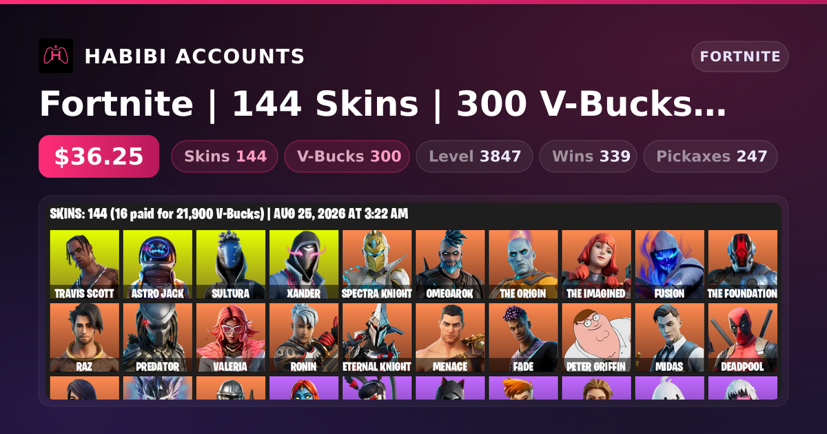 Fortnite | 144 Skins | 300 V-Bucks | Level 3847 | 339 Wins