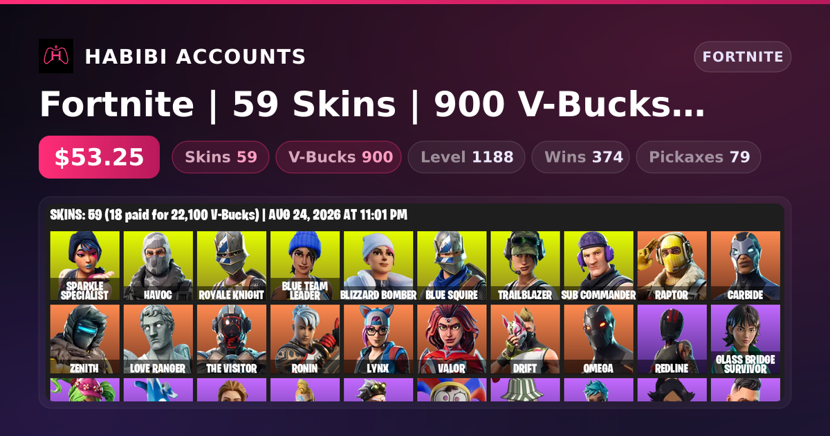 Fortnite | 59 Skins | 900 V-Bucks | Level 1188 | 374 Wins — HabibiAccounts