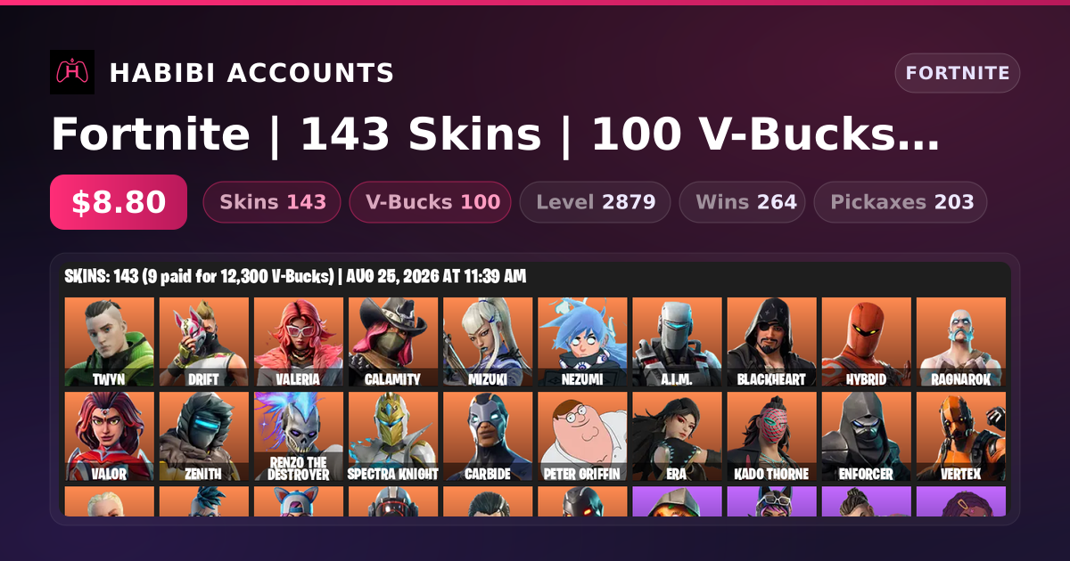 Fortnite | 143 Skins | 100 V-Bucks | Level 2879 | 264 Wins — HabibiAccounts