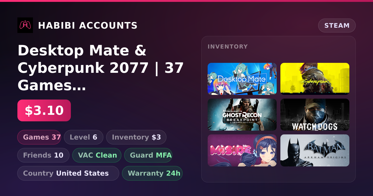 Desktop Mate & Cyberpunk 2077 | 37 Games | Clean — HabibiAccounts