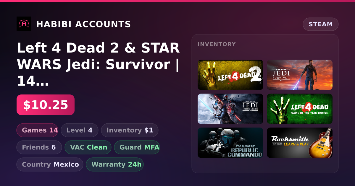 Left 4 Dead 2 & STAR WARS Jedi: Survivor | 14 Games | Clean — HabibiAccounts