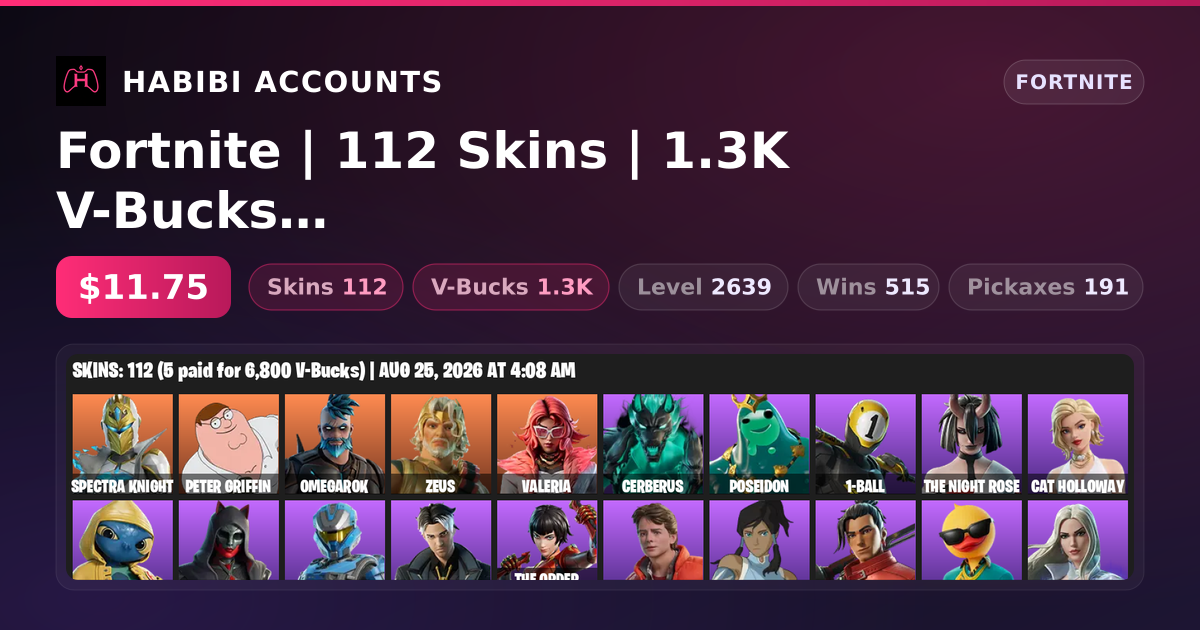 Fortnite | 112 Skins | 1.3K V-Bucks | Level 2639 | 515 Wins — HabibiAccounts