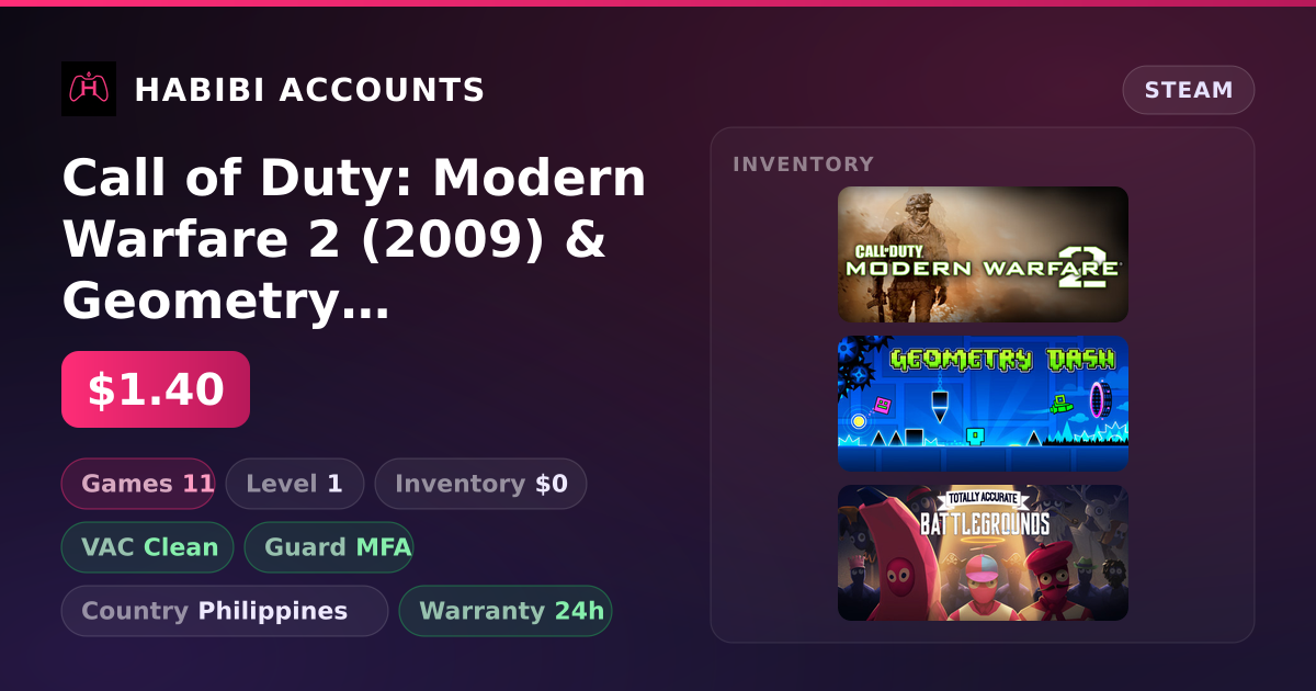 Call of Duty: Modern Warfare 2 (2009) & Geometry Dash | 11 Games | Clean — HabibiAccounts