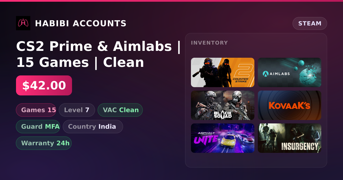 CS2 Prime & Aimlabs | 15 Games | Clean — HabibiAccounts