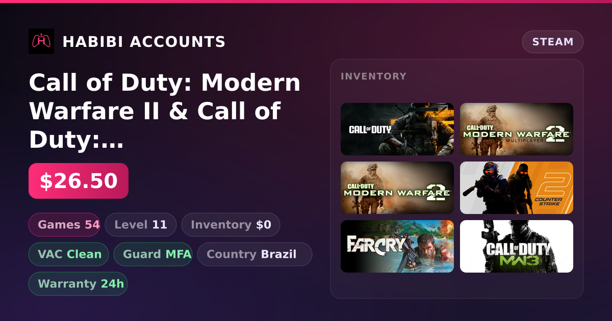 Call of Duty: Modern Warfare II & Call of Duty: Modern Warfare 2 - Multiplayer (2009) | Level 11 | 54 Games | Clean — HabibiAccounts